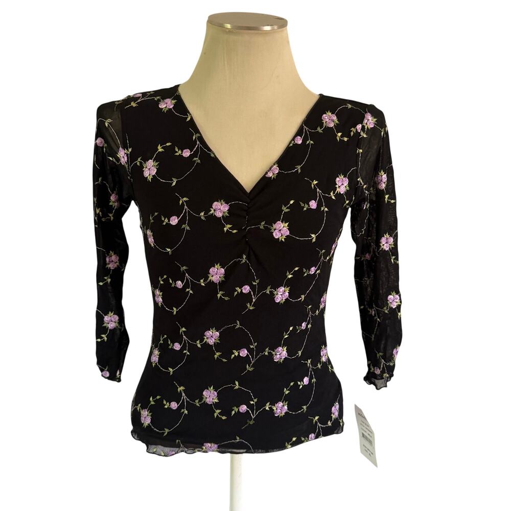 NWT Vtg Y2K 2000s Black Purple Embroidered Floral Mesh Blouse XL Fairy Grunge
